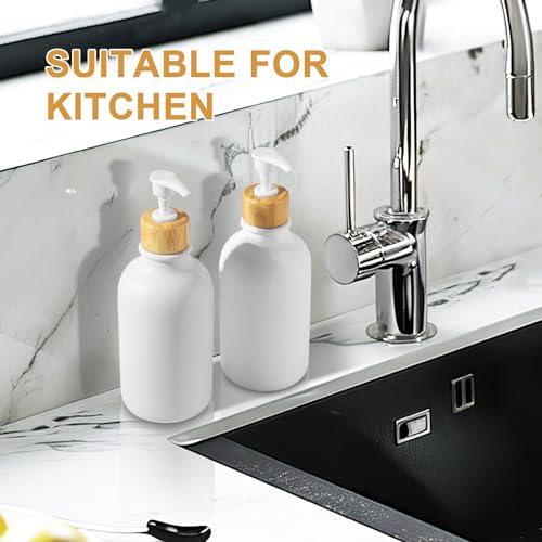 KASUNTING White Soap Dispenser, 2 Pack Plastic Bathroom Hand Soap and Lotion Dispenser Set with Bamboo Pump, 17 Fl Oz Hand and Dish Soap Dispensers Set for Kitchen, Refillable Liquid Soap Bottles - color: White, size: 2 Bottles