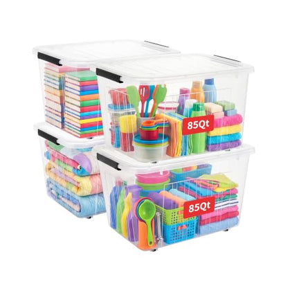 Cetomo 85Qt Plastic Storage Bin with Wheels, Stackable Storage Box with Lid, Organizer, Container for Home, Office, Drom, PP, BPA-Free, Nestable, Clear, 85Quart-4 Pack - size: 85Qt*4