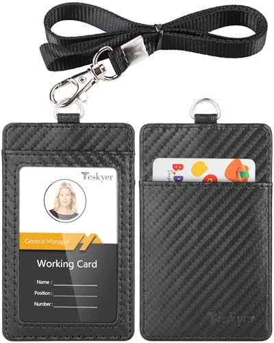 Teskyer Leather ID Badge Holder with Lanyard, Vertical Carbon Fiber Black - color: Carbon Fiber Black, size: Vertical