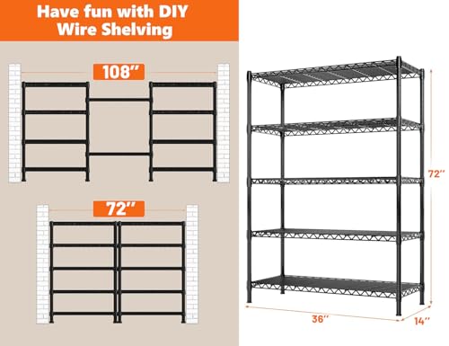 REIBII 72''H Metal Shelving 5-Tier Storage Shelves,1100lbs, Kitchen Pantry (Pack of 2) - color: Black, size: 72"H x 36"W x 14"D 5 Tier (Pack of 2)