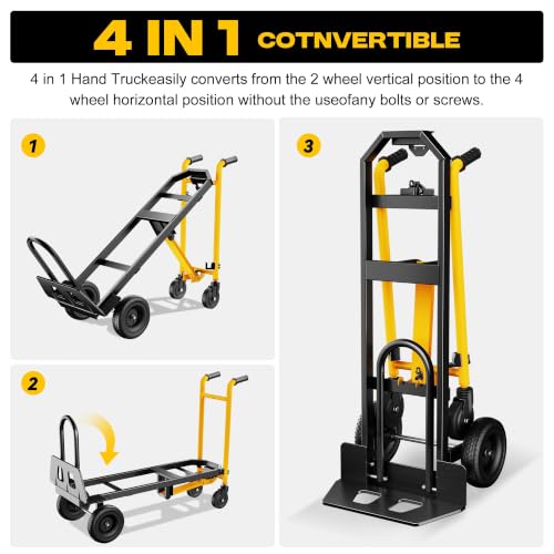 SILVEL 4-in-1 Folding Hand Truck, 1000LBS Heavy Duty Convertible Cart, Moving Dolly Cart with Retractable Handle, 4 Rubber Wheels, Space-Saving for Furniture, Appliances, Warehouse Move,Yellow - color: Yellow
