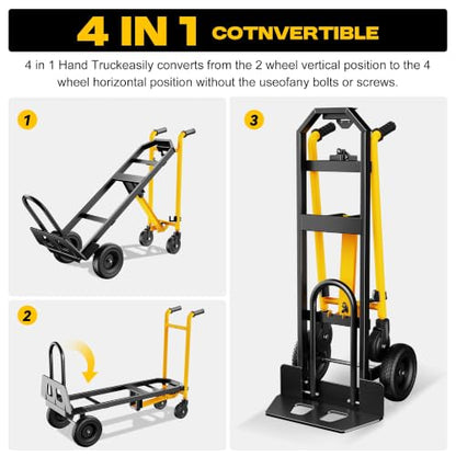 SILVEL 4-in-1 Folding Hand Truck, 1000LBS Heavy Duty Convertible Cart, Moving Dolly Cart with Retractable Handle, 4 Rubber Wheels, Space-Saving for Furniture, Appliances, Warehouse Move,Yellow - color: Yellow