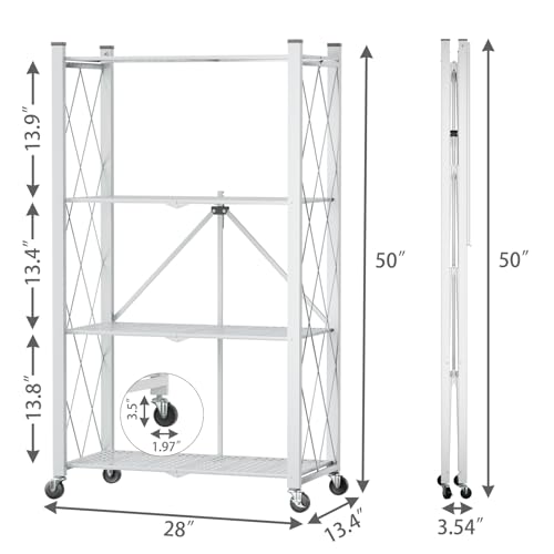 4-Tier Folding Shelf with Wheels No Assembly Portable Shelves - color: White, size: 4 Tier