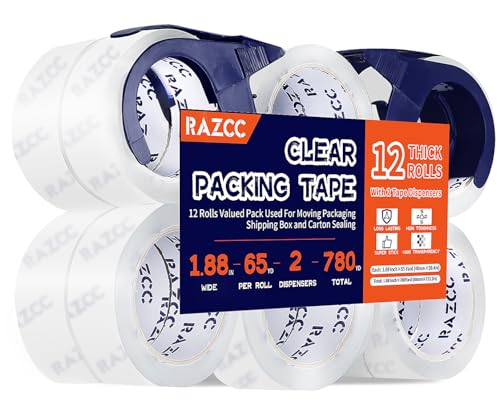 RAZCC Packing Tape, 12 Rolls Clear Heavy Duty Packaging Tape with Dispensers for Packing, Shipping, Moving and Mailing, Thicker Sealing Tape-1.88" x 65 Yards Per Roll, 780 Total Yards - size: 1.88"-12 Rolls