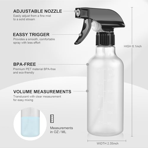 Bealee Empty Spray Bottles 2 Pack 10 Oz, Mist & Stream, Heavy Duty Spraying