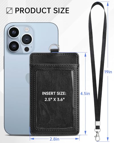 Teskyer Leather ID Badge Holder with Lanyard, Vertical Black - color: Black, size: Vertical