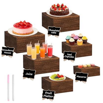6 Pack Square Wooden Display Risers, Rustic Buffet Food Stands with Cards & Pens