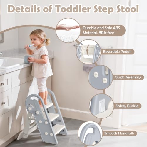 Onasti Adjustable Toddler Step Stool with Handles, Converts from 3-Step to 2-Step as Kids Grow, Non-Slip Safety Stool for Bathroom Sink, Kitchen Counter, Potty Training and Everyday Household Use-Grey - color: Silver Grey