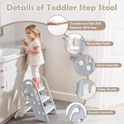 Onasti Adjustable Toddler Step Stool with Handles, Converts from 3-Step to 2-Step as Kids Grow, Non-Slip Safety Stool for Bathroom Sink, Kitchen Counter, Potty Training and Everyday Household Use-Grey - color: Silver Grey