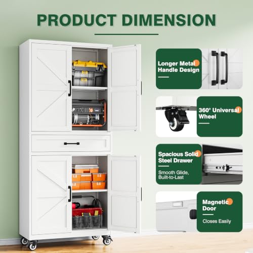 Letaya Metal Garage Storage Cabinets with Wheels,White Rolling Tool Cabinet - color: White, size: 15.7” D x 32” W x 73” H
