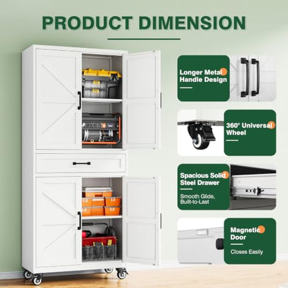 Letaya Metal Garage Storage Cabinets with Wheels,White Rolling Tool Cabinet - color: White, size: 15.7” D x 32” W x 73” H
