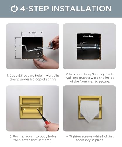 FORIOUS Recessed Toilet Paper Holder for Mega Rolls, Brushed Gold - color: Gold