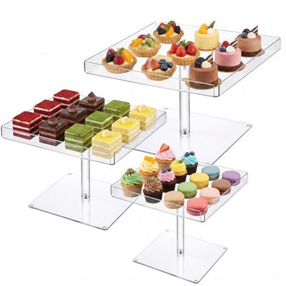 3 Piece Acrylic Cupcake Stand, Acrylic Dessert Table Display Set Clear Square Serving Trays Buffet Risers for Birthday Wedding Baby Shower Dessert Display