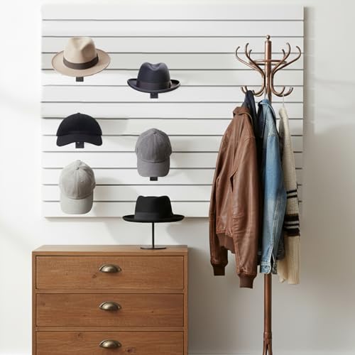 6 Pcs Metal Hat Display and Holder, Wall Mounted Slatwall Rack Organizer for Baseball Caps, Beanies, Wigs, for Home and Retail Store, Black