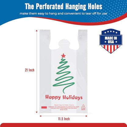 Fuxury 1000 Count Happy Holiday Christmas Tree Plastic Bags with Handles - color: White-Green, size: 1000 Count