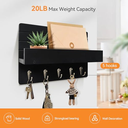 Key Holder Wall Mount, Decorative Key Rack with Shelf & 5 Sturdy Hooks, Rustic Key Hooks for Wall for Mail Organizer Hanging Dog Leash, Glasses, Wooden Key Hanger with Mounting Hardware - size: 10.61in