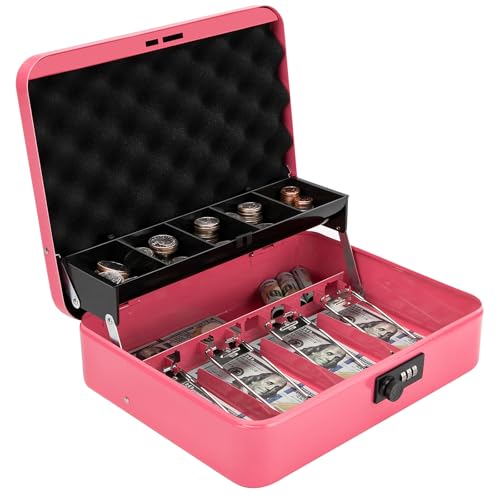 Cash Box with Combination Lock & Foam Auto-Pop Coin Tray – Secure Steel Money Box with 4 Upgraded Finger-Safe Bill Clips, Premium Smooth Scratch-Resistant Coating, 11.8", Combo Hot Pink - color: Combo Hot Pink
