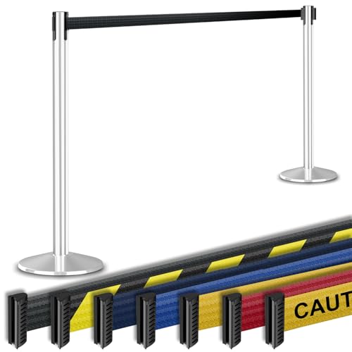 Commercial-Grade Stanchion 2-Pack by Visiontron – RETRACTA-Belt Prime (Model P100PS1) 10’ Retractable Belt Barrier - Heavy Base Crowd Control Barrier (Polished Stainless Steel w/Black Belt) - color: Polished Stainless Steel Post w/ Black Belt