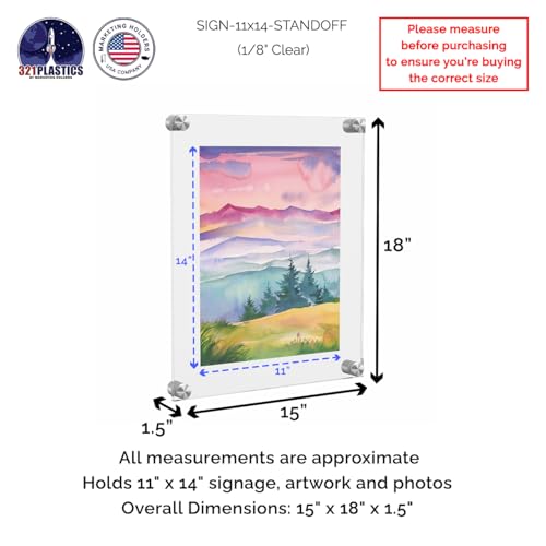 Marketing Holders Wall Poster Holder Floating Clear Acrylic Graphic Image Display Holds 11 x 14 with Silver Standoffs Overall Dimensions: 15" x 18" x 1.5" Large Certificate Display - size: 11 x 14 inches