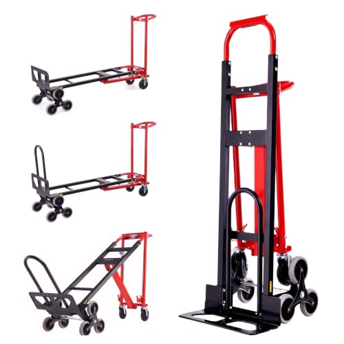 Professional Heavy Duty 1000LBS Stair Climbing Dolly, 4-in-1 Convertible Hand Truck, Upgraded Foldable Utility Moving Cart with Solid Wheels for Warehouse, Office & Home (Red) - color: Red