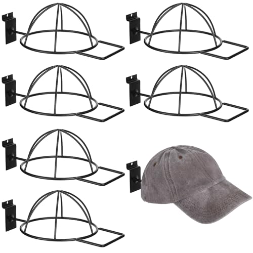 6 Pcs Metal Hat Display and Holder, Wall Mounted Slatwall Rack Organizer for Baseball Caps, Beanies, Wigs, for Home and Retail Store, Black