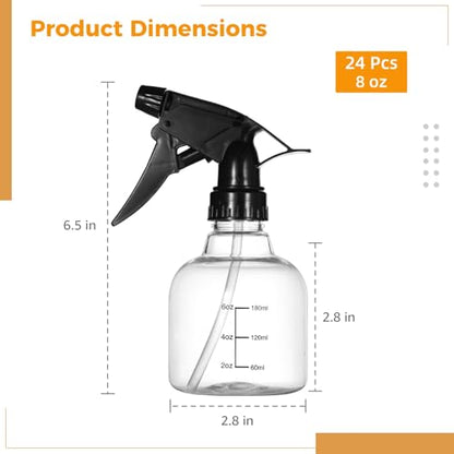 24 Pcs Empty Refillable Spray Bottles, 8 oz Small Leak-Proof Sprayers, Dual Scale Plastic Spray Bottles with Adjustable Nozzle for Hair Care Cleaning Gardening