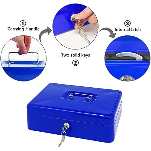 Steel Cash Box with Key Lock, Metal Small Money Organizer with Money Tray,Cash Storage Box with Lockable Cover (Blue - 12 inch) - color: Blue - 11.8" x 9.4" x 3.5"