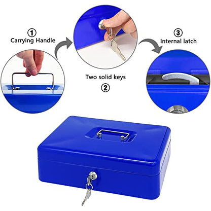 Steel Cash Box with Key Lock, Metal Small Money Organizer with Money Tray,Cash Storage Box with Lockable Cover (Blue - 12 inch) - color: Blue - 11.8" x 9.4" x 3.5"