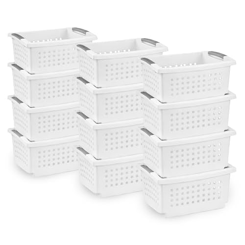 Sterilite Medium Stacking Basket Plastic Storage Organizer, White, 12-Pack - size: 12 Pack, style: Medium
