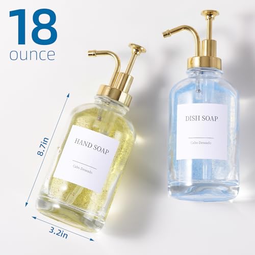 Glass Soap Dispenser with Pump, Dish and Hand Soap Dispenser for Kitchen Bathroom Set, Clear Glass Dispenser Set of 2 Pack with 18 Stickers Funnel Bamboo Tray 500ml 18oz / Each Bottle Gold Pump - color: Glass+gold Pump