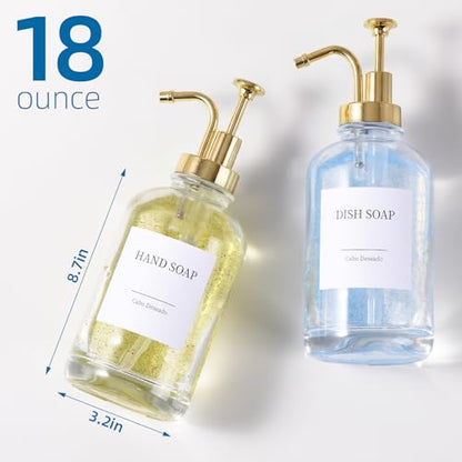 Glass Soap Dispenser with Pump, Dish and Hand Soap Dispenser for Kitchen Bathroom Set, Clear Glass Dispenser Set of 2 Pack with 18 Stickers Funnel Bamboo Tray 500ml 18oz / Each Bottle Gold Pump - color: Glass+gold Pump