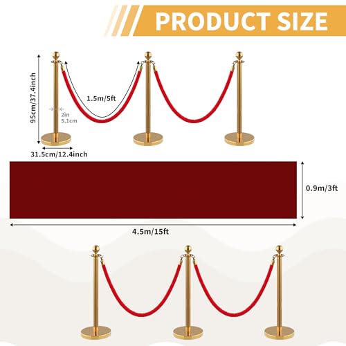 GarveeTech GarveeLife 6Pcs Stainless Steel Stanchion Posts with 5ft Red Velvet Ropes - Crowd Control Barriers & Queue Line Kit with 26ft Red Carpet for Wedding, Party, Theater Supplies - color: Gold, size: 6Pack with 26FT Red Carpet