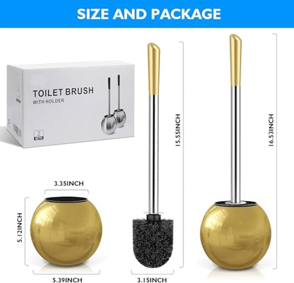 Toilet Brush and Holder 2 Pack, 304 Stainless Steel Toilet Brush with Extended and Durable Comfortable Brush Handle, Toilet Bowl Brush for Bathroom Toilet - Ergonomic, Pratical Durable (Gold) - color: Gold