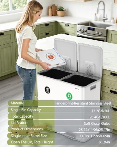 Dual Trash and Recycling Bins for Kitchen, 2*13.2 Gal Dual Trash Can, White - color: White, size: 2 * 13.2 Gallon