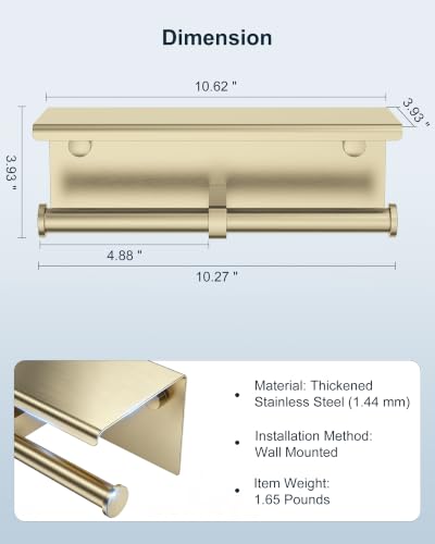 Double Toilet Paper Holder with Shelf Brushed Gold Large Tissue Roll Holder - color: Brushed Gold