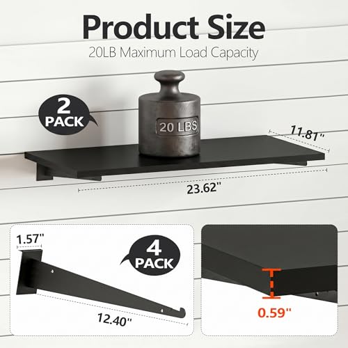 2 Pack Wooden Slatwall Shelves, Slat Wall Shelf Brackets, 23.6" x 11.8" Heavy Duty Slat Wall Shelving with Metal Brackets, Multi-Purpose Organizer Accessories for Home, Garage, Workshop & Retail Store