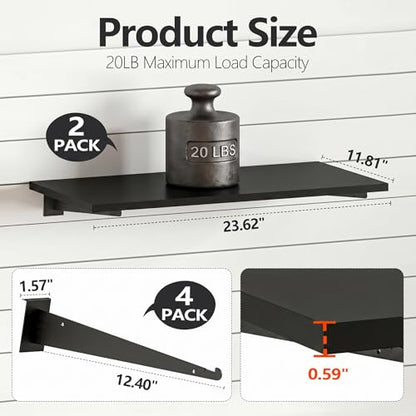 2 Pack Wooden Slatwall Shelves, Slat Wall Shelf Brackets, 23.6" x 11.8" Heavy Duty Slat Wall Shelving with Metal Brackets, Multi-Purpose Organizer Accessories for Home, Garage, Workshop & Retail Store