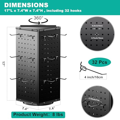 Rotating Peg Board Display Stand with 32 Hooks, Metal Revolving Pegboard Countertop Show Rack for Retail Vendors, 4-Sided Craft Rack Organizer for Keychain, Jewelry, Earring (Black)