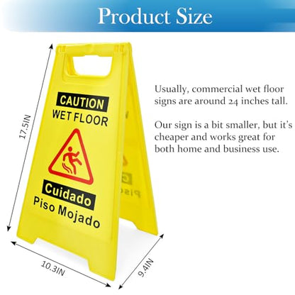 2 Pack Caution Wet Floor Sign, 17.5" Height, Bright Yellow, Double-Sided A-Frame Safety Caution Sign Commercial, Bilingual Caution Message