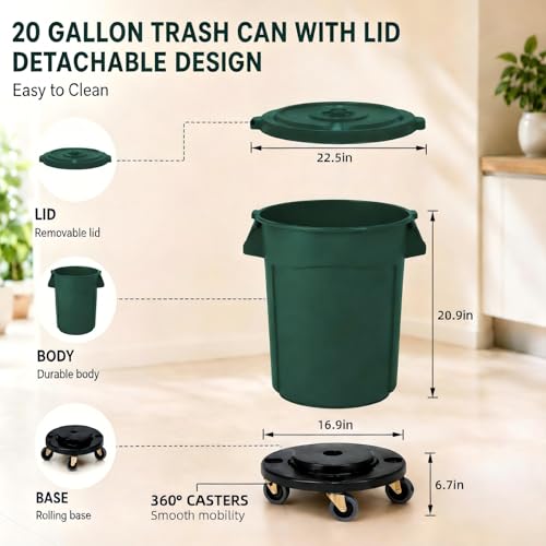 20 Gallon Outdoor Trash Can with Lid and Wheels, Green - color: GREEN