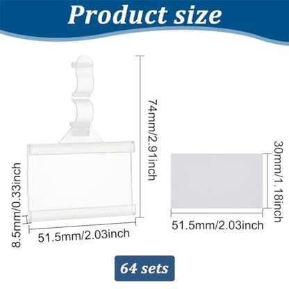 BENECREAT 64 Pack Plastic Wire Shelf Label Holder Reusable Sign Ticket Holder 1.2" X 2" Clip-On Sign Label Holder with Snap Lock Closure, 64 Label Cards Included