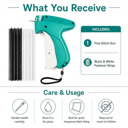 ZRNN Fine Stitch Gun for Clothes with 1000 Black & 1000 White Fasteners, Manual Micro Stitch Gun for Clothing, Fabric Fastener Tool for Hemming, Garment Repair, Quilting, Crafts & DIY, Green