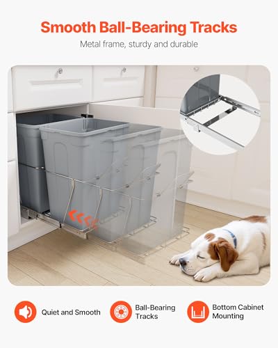 VEVOR Pullout Trash Can for Kitchen Cabinets, 35 QT x2 Double Under Sink Garbage Waste Recycling Bin, Under Mount Waste Container, with Heavy Duty Metal Full Extension Sliding System and Handle Grey - size: 70QT(35QTx2)