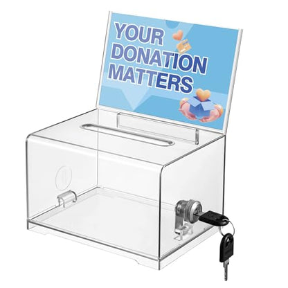 Polmart Clear Donation Box with Lock - Secure Ballot Box with Removable Sign Holder 2 Keys - for Money, Cards, Votes, Tickets, Feedback Collection (4.75"D x 6.29"W x 8"H) - color: Clear With Sign Holder