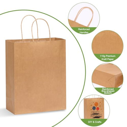 OUTUXED 100pcs 10x5x13 Brown Paper Bags with Handles Large Paper Gift Bags - color: Brown 10x5x13