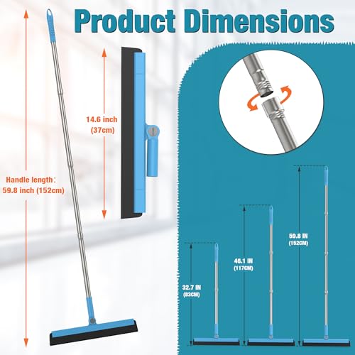 KOLLIEE Floor Squeegee Adjustable 59'' Long Handle Professional Floor Squeegee with Hook Water Squeegee Foam Blade for Concrete Floor Tile Pet Hair Floor Wiper - size: Blue Floor Squeegee