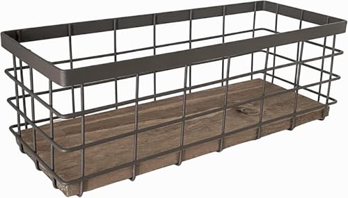 Small Wire Basket, Removable Wood Storage Box, Brown