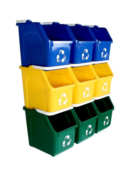 9 Stackable Recycling Bin System 54 Gallons Total | Small 6 Gallon Each Bin - color: Blue/Yellow/Green, size: 9 Pack