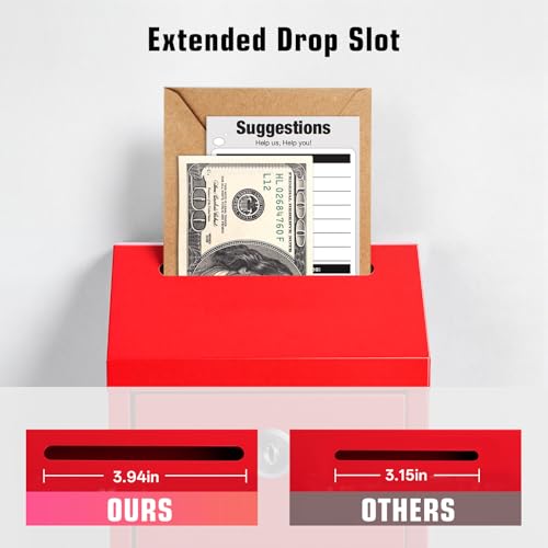 Sumerfnt Money Cash Drop Box Wall Mount, Metal Money Box with Lock and Slot, Money Collection for Farm Stand Supplies, Self-Serve, Tips, Fundraising, 10.24" x 5.7" x 2.95", 4 Keys, Red - color: Red