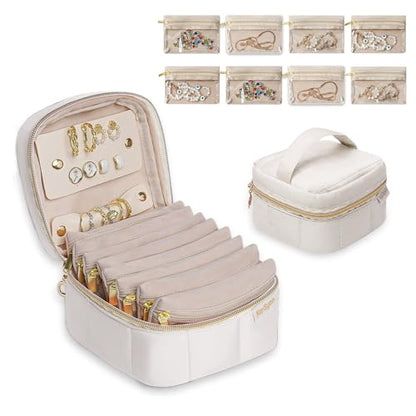 KarSyon Travel Jewelry Case Organizer Boxes with 8 Velvet Zipper Pouches - color: Beige, size: Small